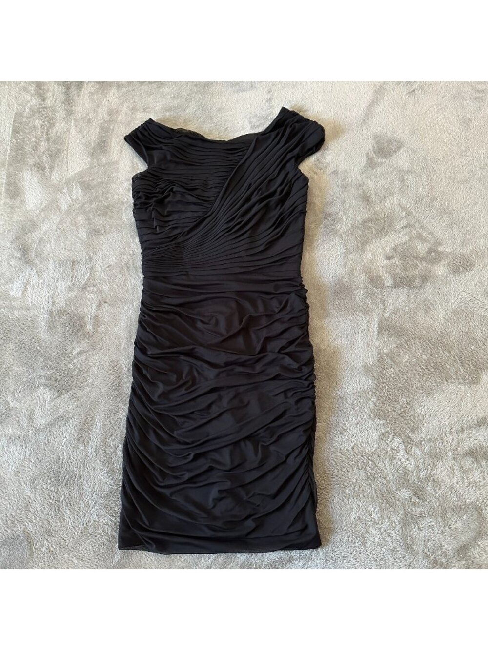 Tadashi Shoji Black Cap Sleeve Fully Ruched Midi Dress MEDIUM LBD